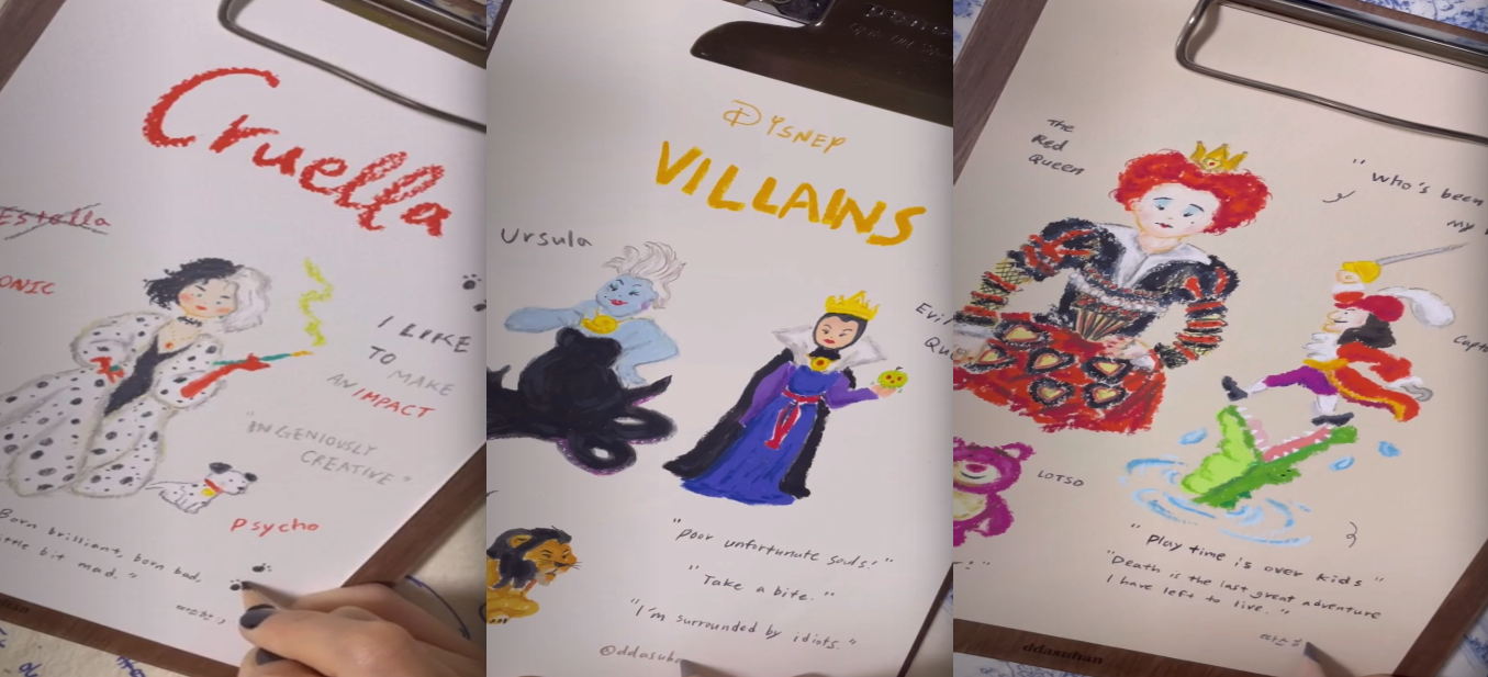 Drawing YouTube Lesson 9: How to Draw Disney Villains: Cruella, Ursula, Evil Queen, Scar, the Red Queen, Captain Hook and Lotso with Jisu Sang (ASMR)